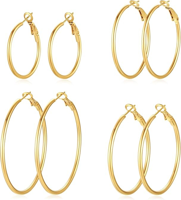 4 Pairs Silver Gold Hoop Earrings for Women | 14K Gold Plated Hoop Earrings Set Hypoallergenic Ea... | Amazon (US)