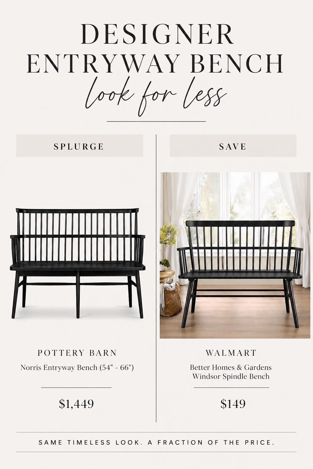 Designer Entryway Bench Look for Less

This one feels straight out of a high-end catalog. The original is $1,449 and this Walmart find gives you the same classic spindle style for under $150. Clean lines, timeless shape, and that elevated black finish that works in any space.

Tap to shop both and compare sizing and color options.

#LTKHome #LTKSaleAlert