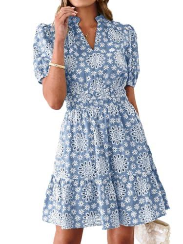 BerryGo Womens Summer Eyelet Mini Dress Beach Casual Embroidery Lace Puff Short Sleeve V Neck Boh... | Amazon (US)