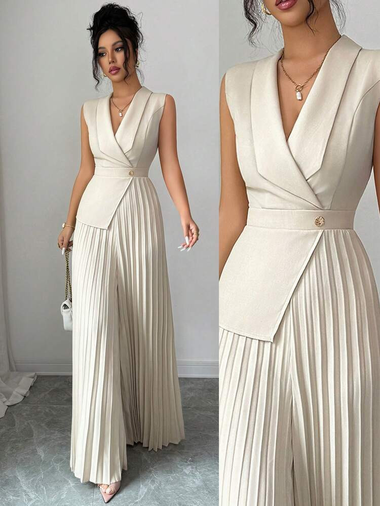 Elenzga Women's Elegent Beige Sleeveless Pleated Jumpsuit,Sophisticated Lapel Solid Color Collar And Belt Design,Professional Work Wear For Summer Office | SHEIN