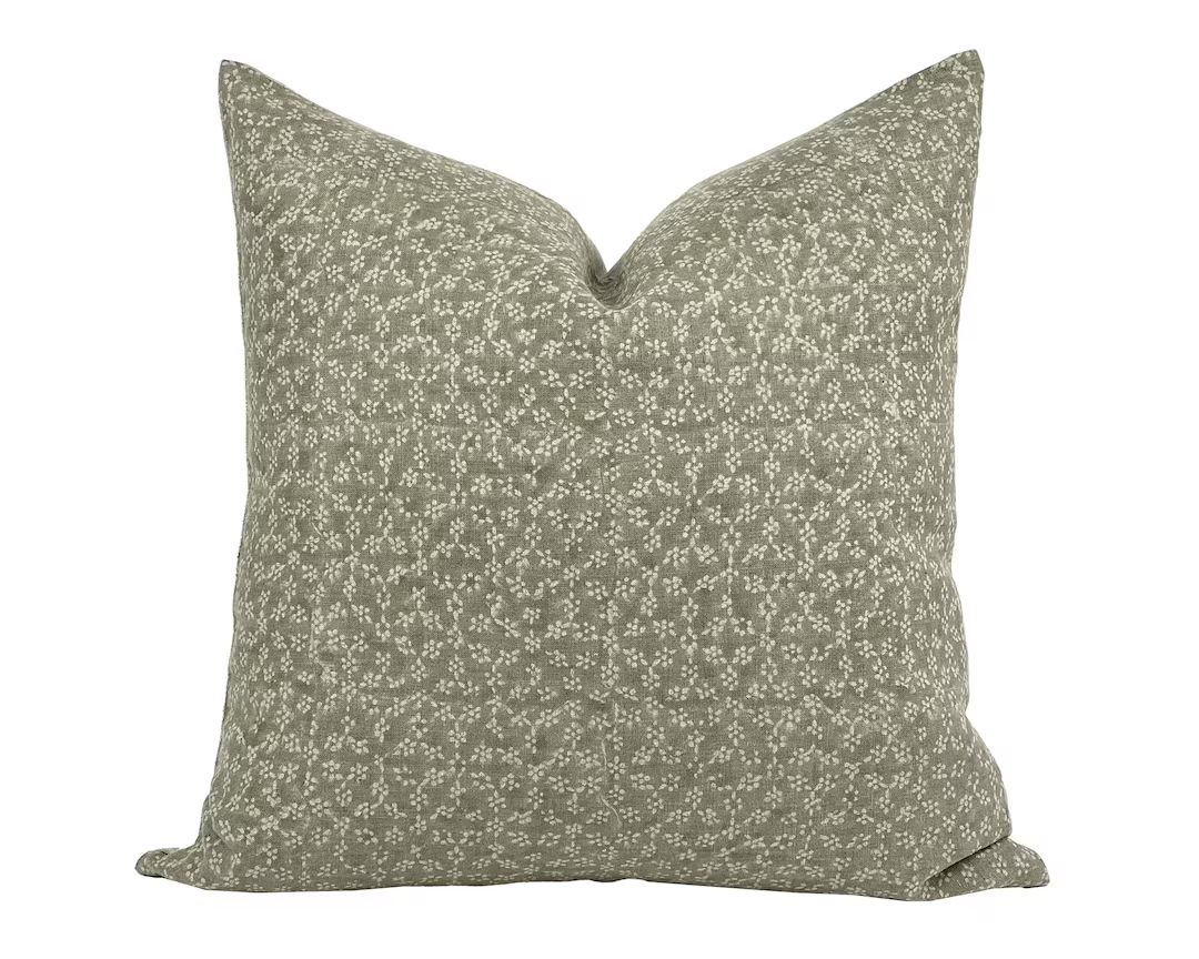 MAISIE Designer Sage Green Linen Pillow Cover, Block Print Pillow, Olive Green Pillow, Floral Pil... | Etsy (US)