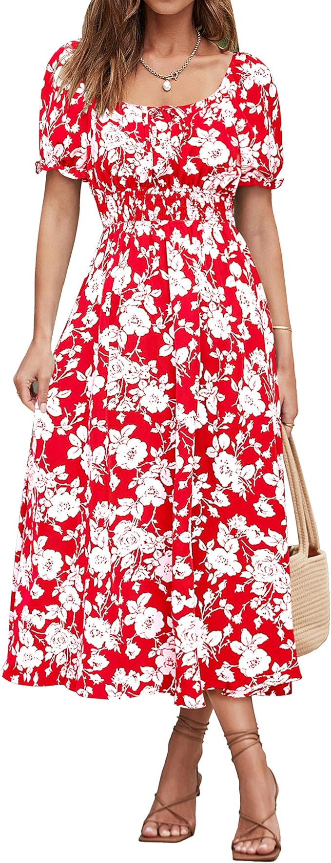 XIONGMEI Women Summer Casual Square Neck Short Sleeve Smocked Waist A-Line Midi Dresses Boho Flor... | Amazon (US)