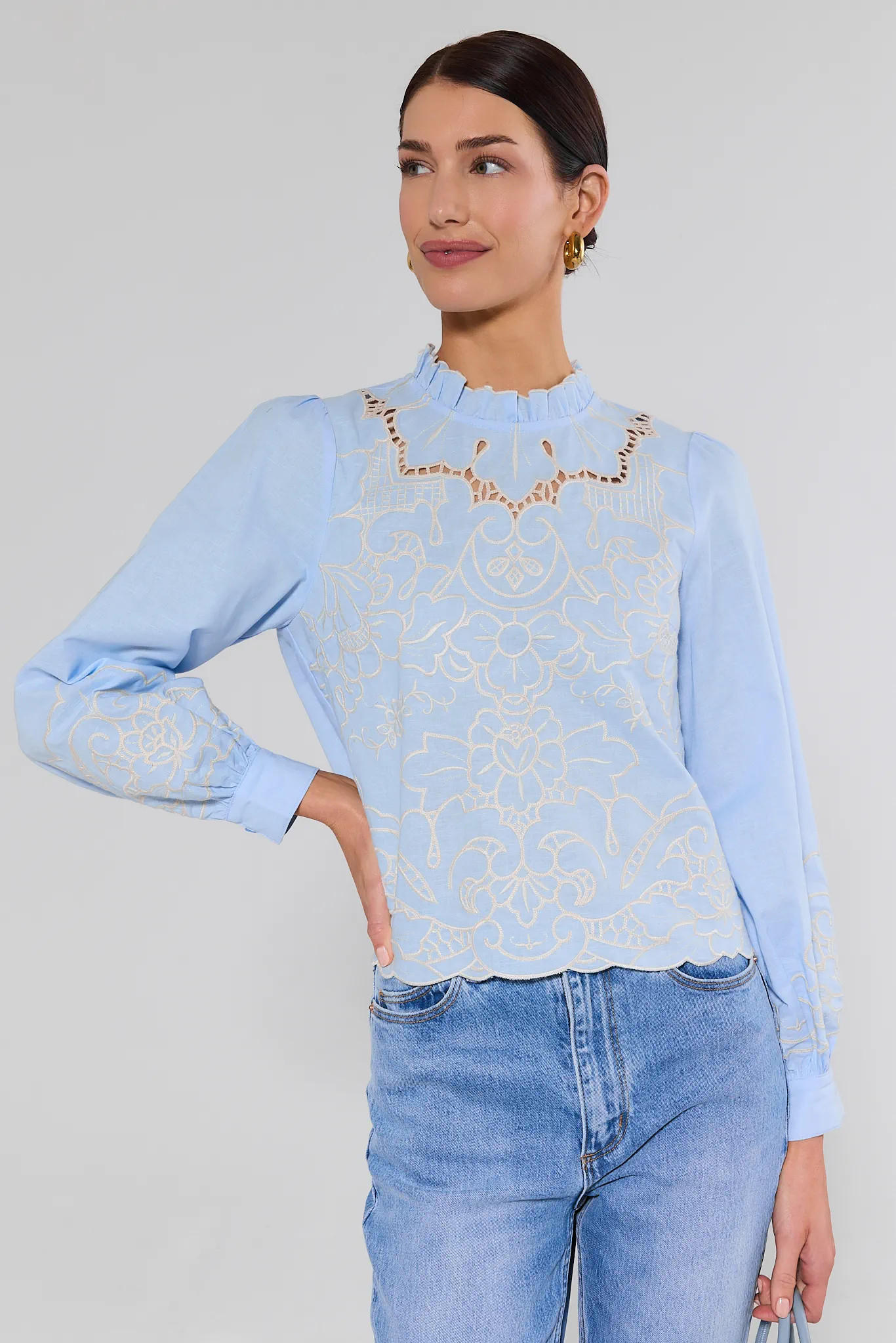 Anya Blue Eyelet Long Sleeve Top | Avara