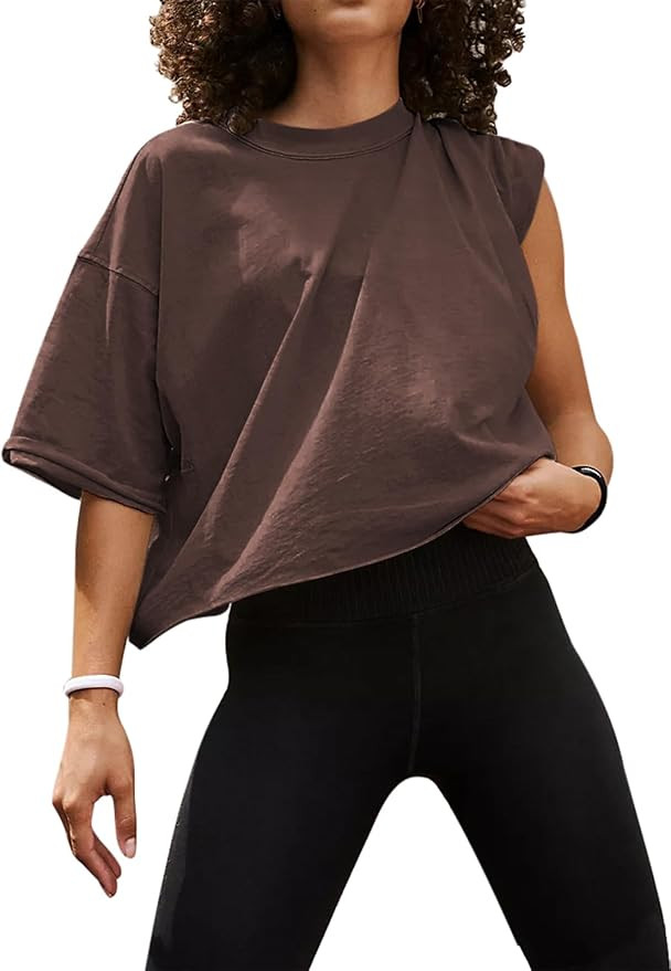 UEU Womens Oversized Workout Crop Top Casual Sleeve Boxy Roll Hem Short | Amazon (US)