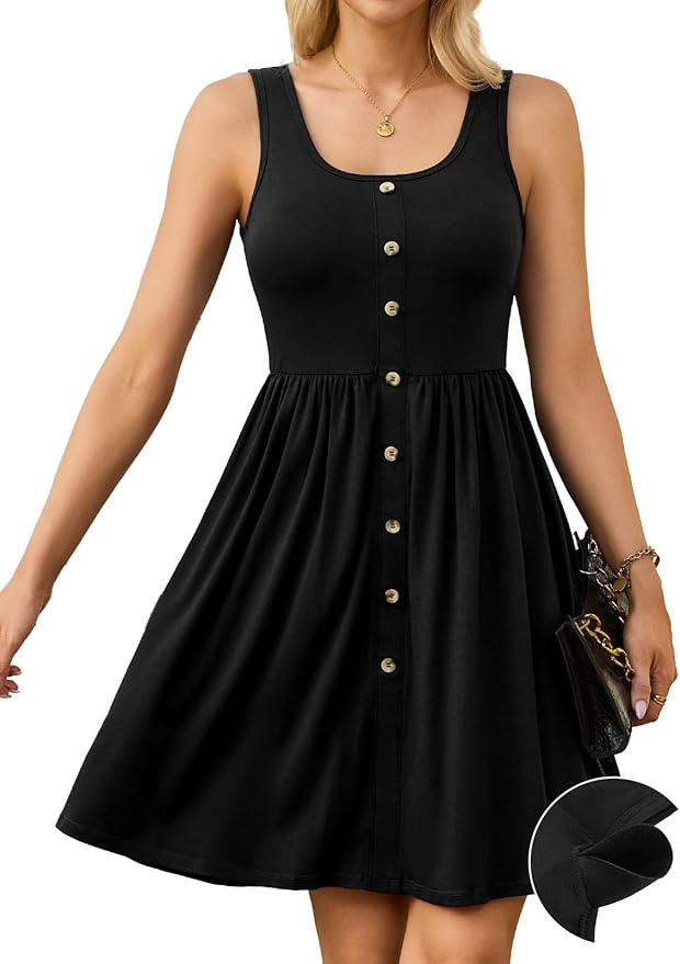 V FOR CITY Women's Built in Bra Dress with Pockets Summer Dresses Casual Flowy U Neck Button Down... | Amazon (US)