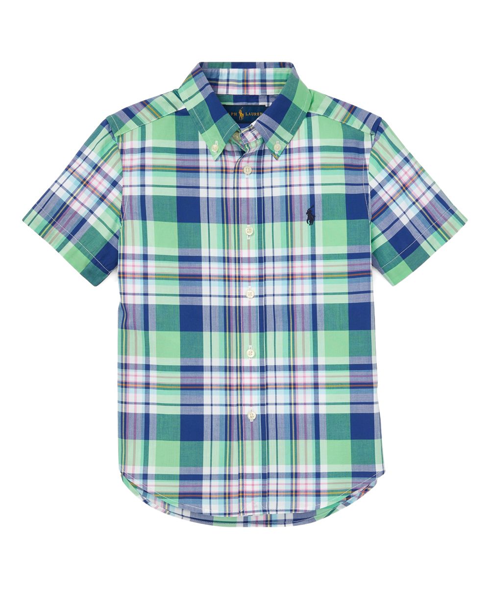 Polo Ralph Lauren Boys' Button Down Shirts GREEN - Green Plaid Poplin Short-Sleeve Button-Up - Toddl | Zulily