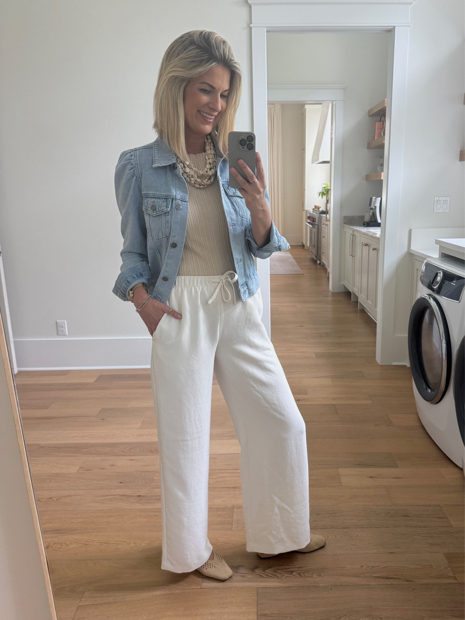 Use code PINTERESTING15 for 15% off this denim jacket.  Wearing size small in the jacket and shell and small tall in the wide leg pants. I am 5’11”. Shoes true to size.

#LTKootd #LTKTall #LTKSaleAlert