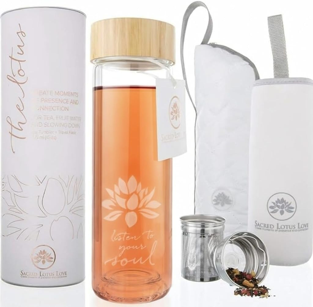 Sacred Lotus Love Double-Walled Glass Tea Tumbler with Infuser and Strainer - Perfect for Loose Leaf Tea, Cold or Hot Water Bottle, Fruit Drinks - Comes with Travel Sleeve and Cozy | Amazon (US)