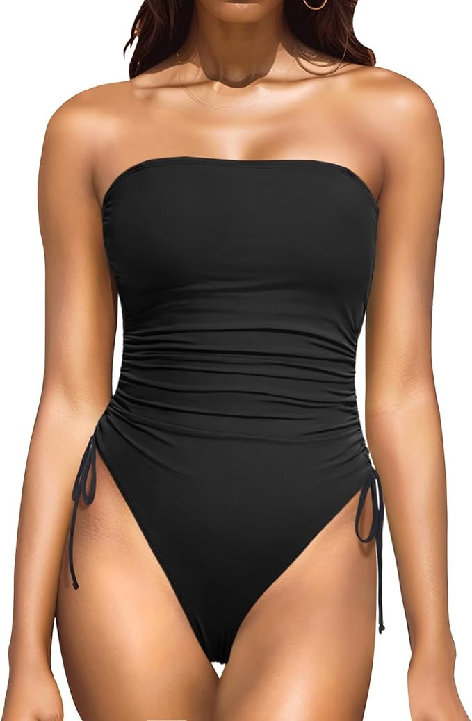 Yonique Women Strapless One Piece Swimsuit Tummy Control Bandeau Bathing Suit Cheeky Swimwear | Amazon (US)