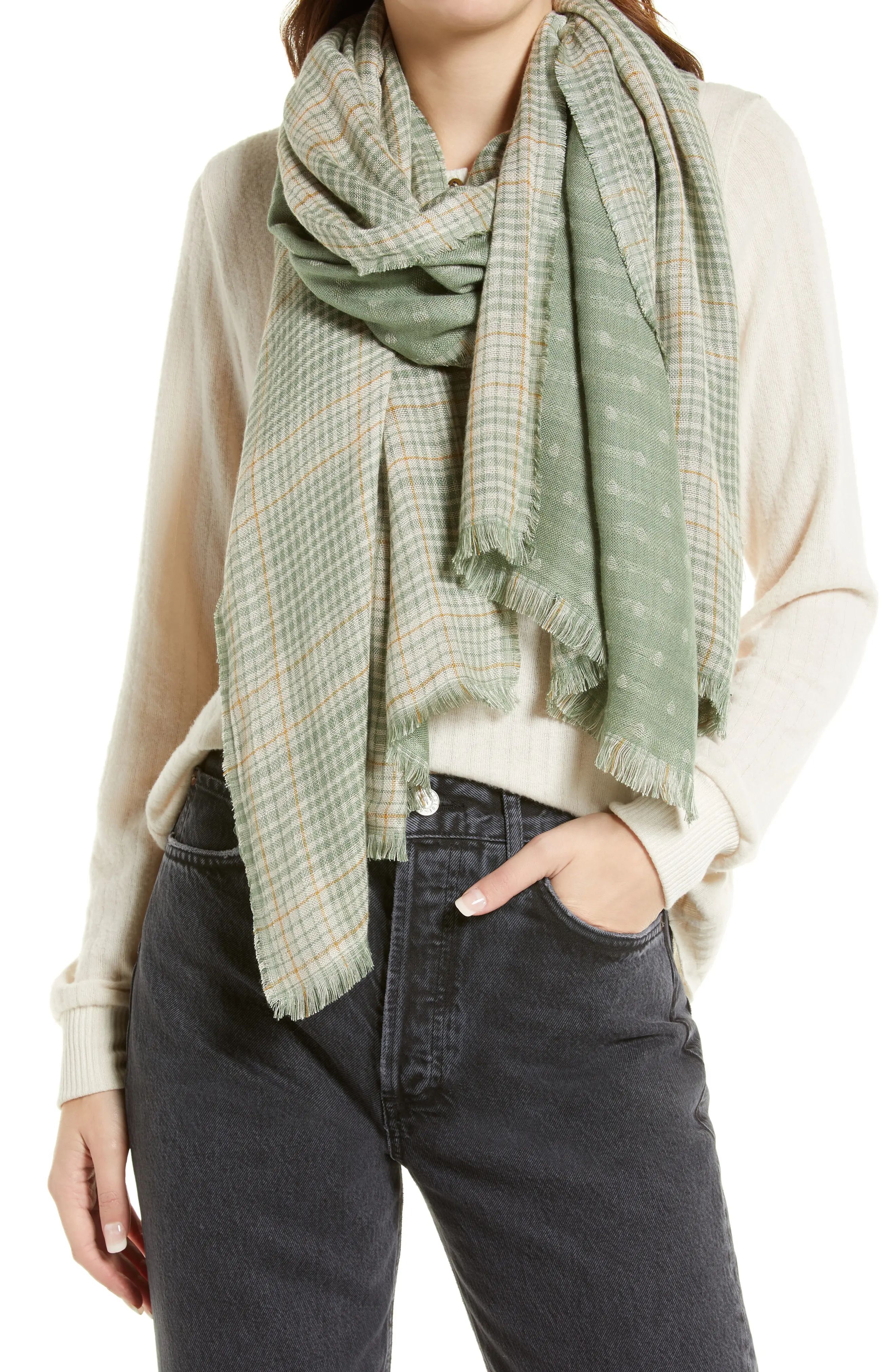 Treasure & Bond Double Layer Scarf in Green Glen Check at Nordstrom | Nordstrom