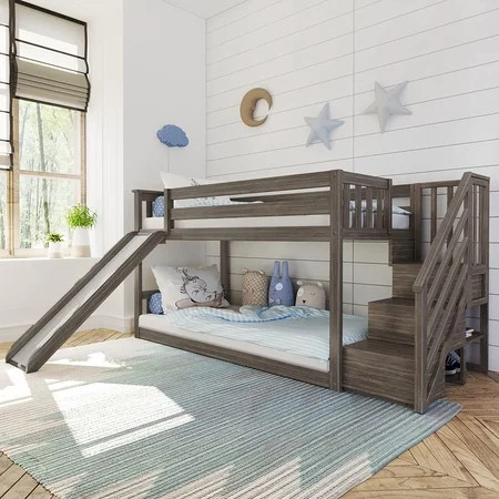 Good Home Low Bunk Bed Twin-Over-Twin Bed Frame for Kids with Ladder on End White | Walmart (US)