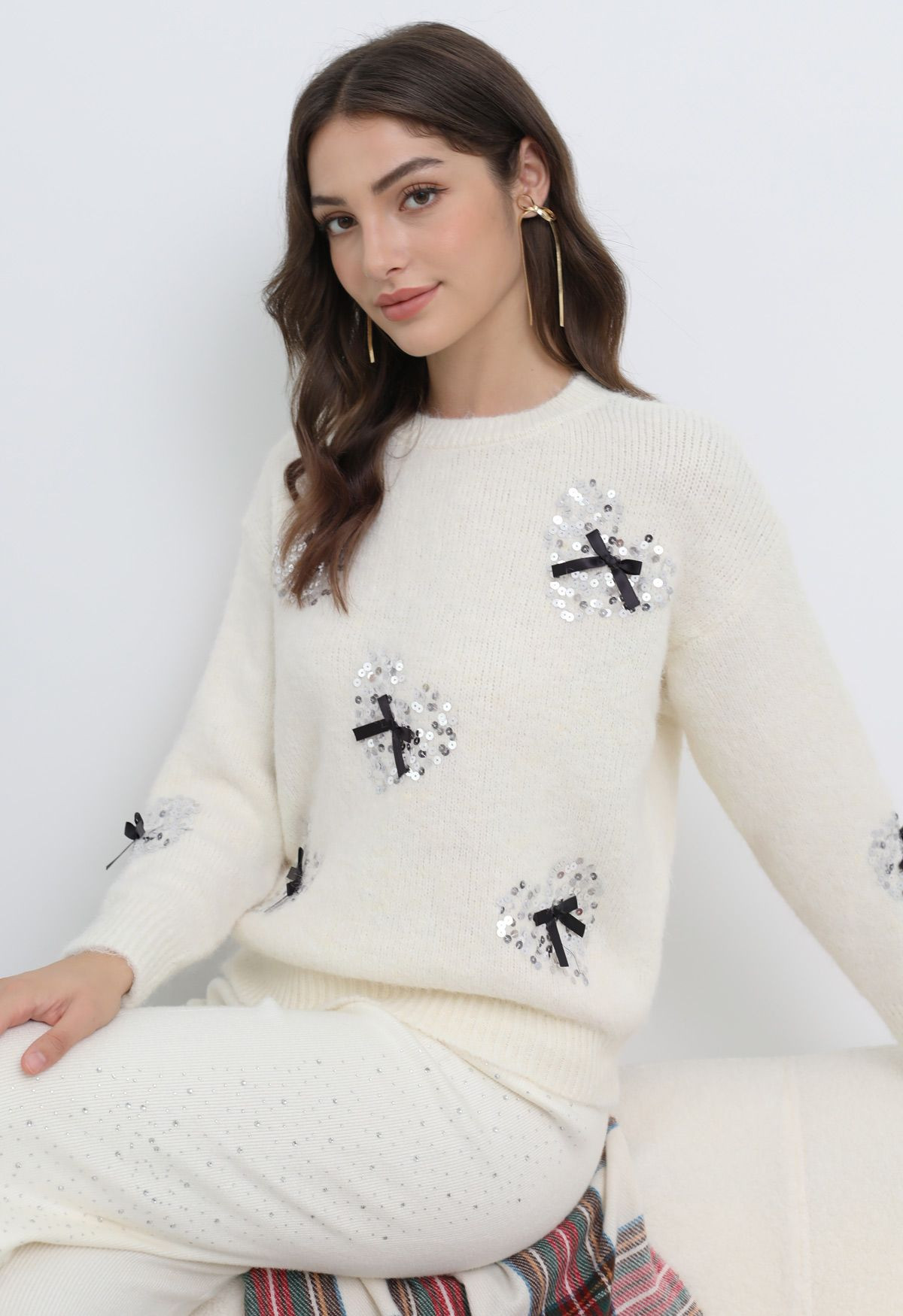 Heart Sequin Bowknot Embellished Knit Sweater in Ivory | Chicwish