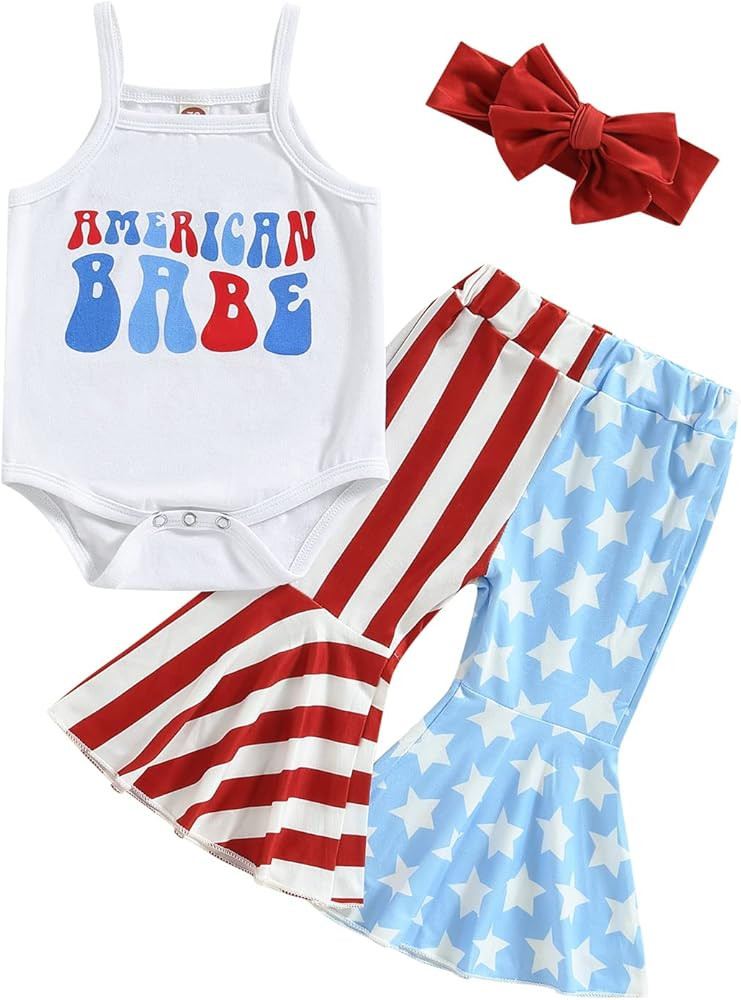 AEEMCEM Baby Girl 4th of July Outfit Spaghetti Strap Sleeveless Romper Tank Tops Stars Striped Be... | Amazon (US)