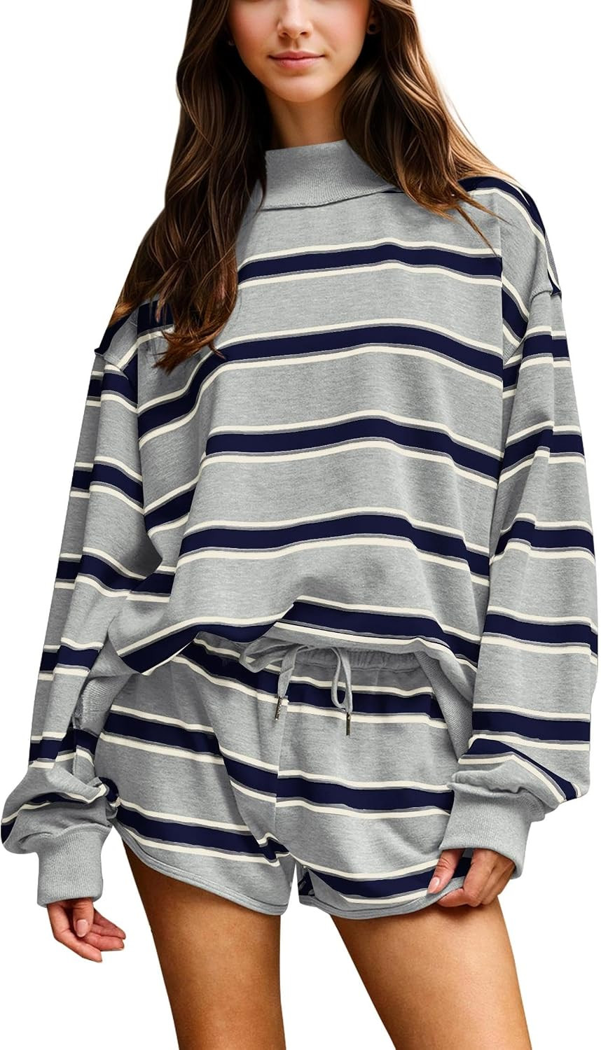 Women Striped Mock Neck Sweatshirt 2 Piece Outfits Oversized Pullover Elastic Waist Shorts Set Fall Lounge Set | Amazon (US)