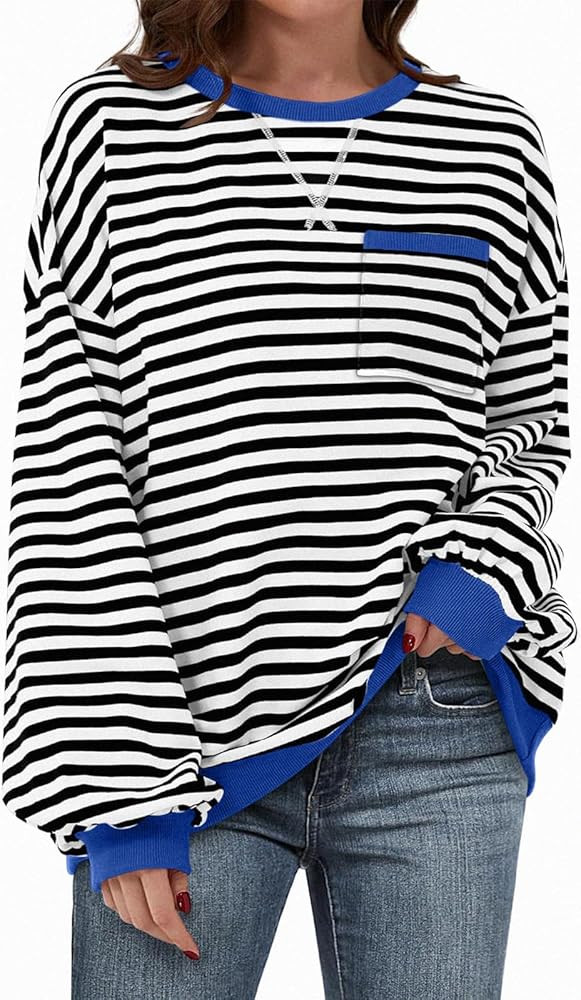TARSE Oversized Crewneck Sweatshirt for Women Dropped Shoulders Striped Shirt Plain Pullover Loos... | Amazon (US)