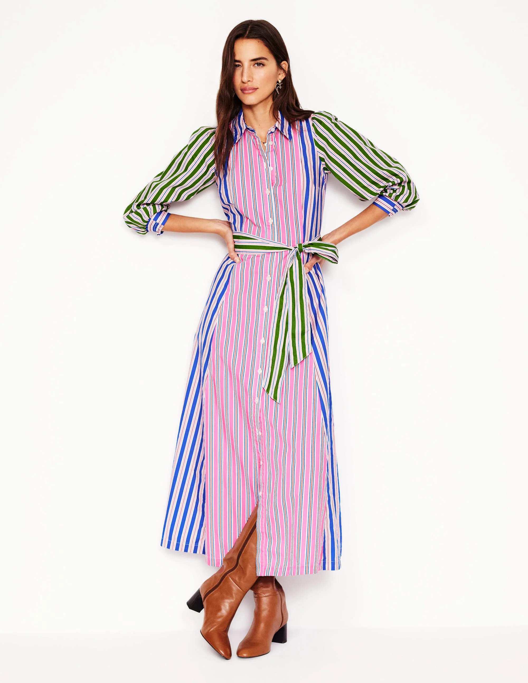 Clara Cotton Shirt Dress-Pink Rose, Red Stripe | Boden (US)