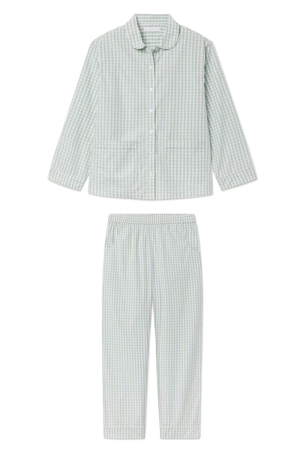 Poplin Piped Pants Set in Aloe Gingham | Lake Pajamas