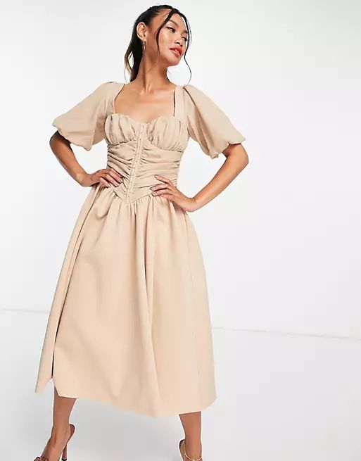ASSO DESIGN ruched linen corset waist puff sleeve midi dress in stone | ASOS (Global)