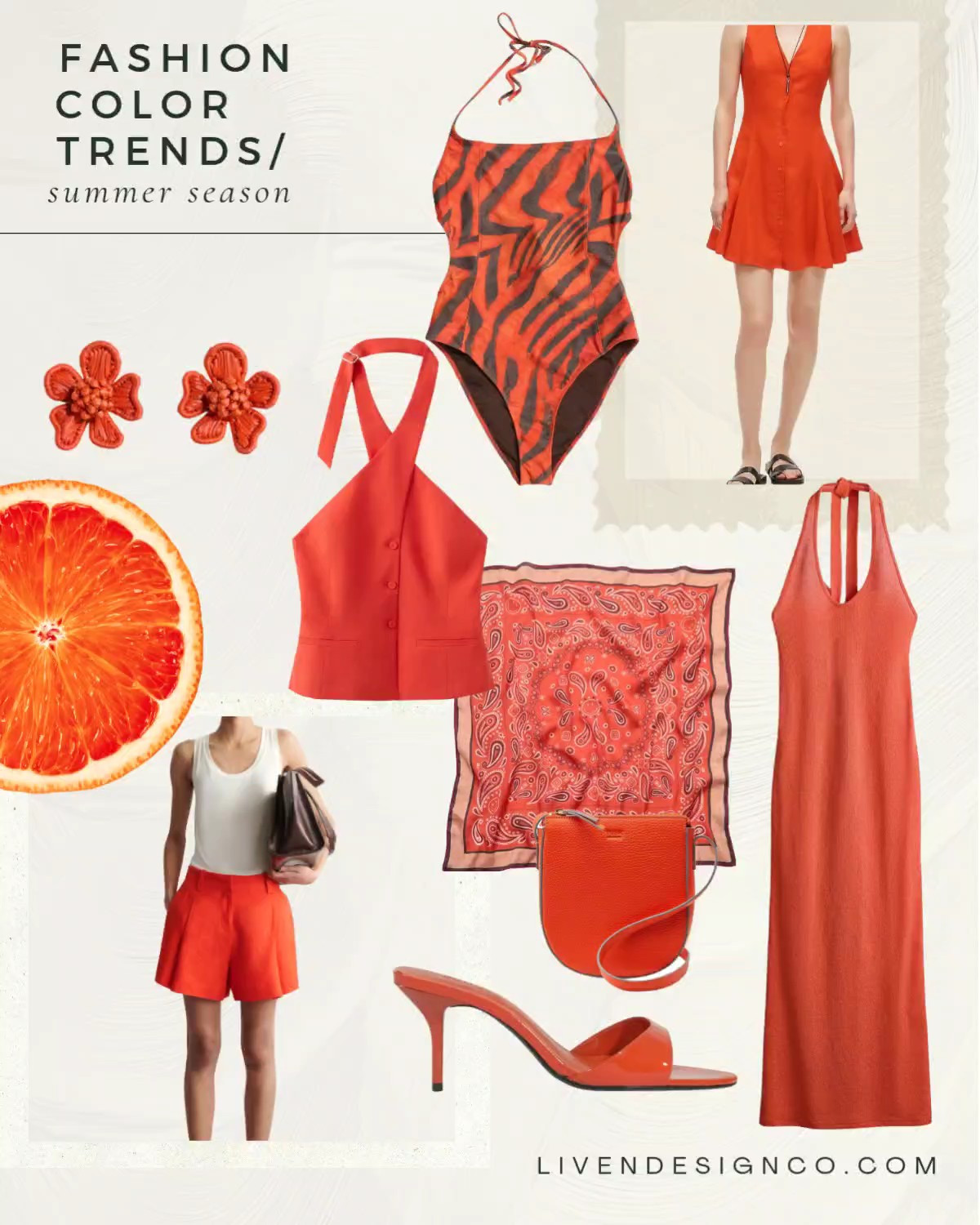 Summer fashion trends. Tangerine orange. Orange top. Swimsuit. Floral earrings. Statement jewelry. Satin scarf. Orange shorts. Linen 

#LTKSeasonal #LTKSaleAlert
