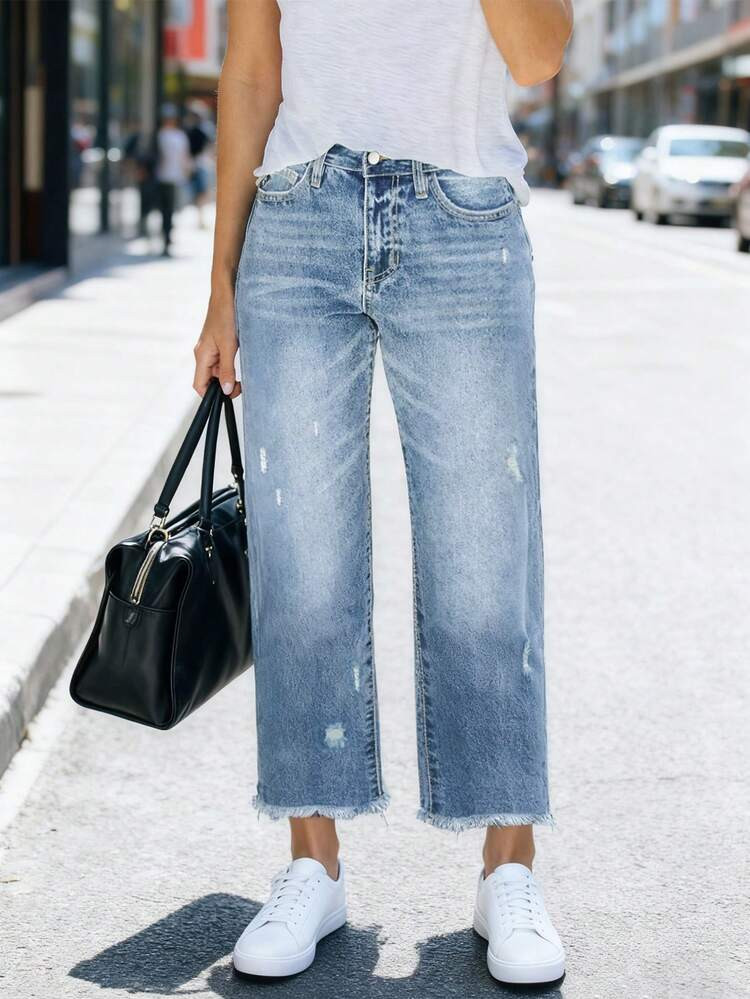 Plus Size Women Elastic Waist Loose Straight Leg Jeans, Distressed Ripped 7/8 Length Denim Pants, Washed Blue Casual Spring | SHEIN