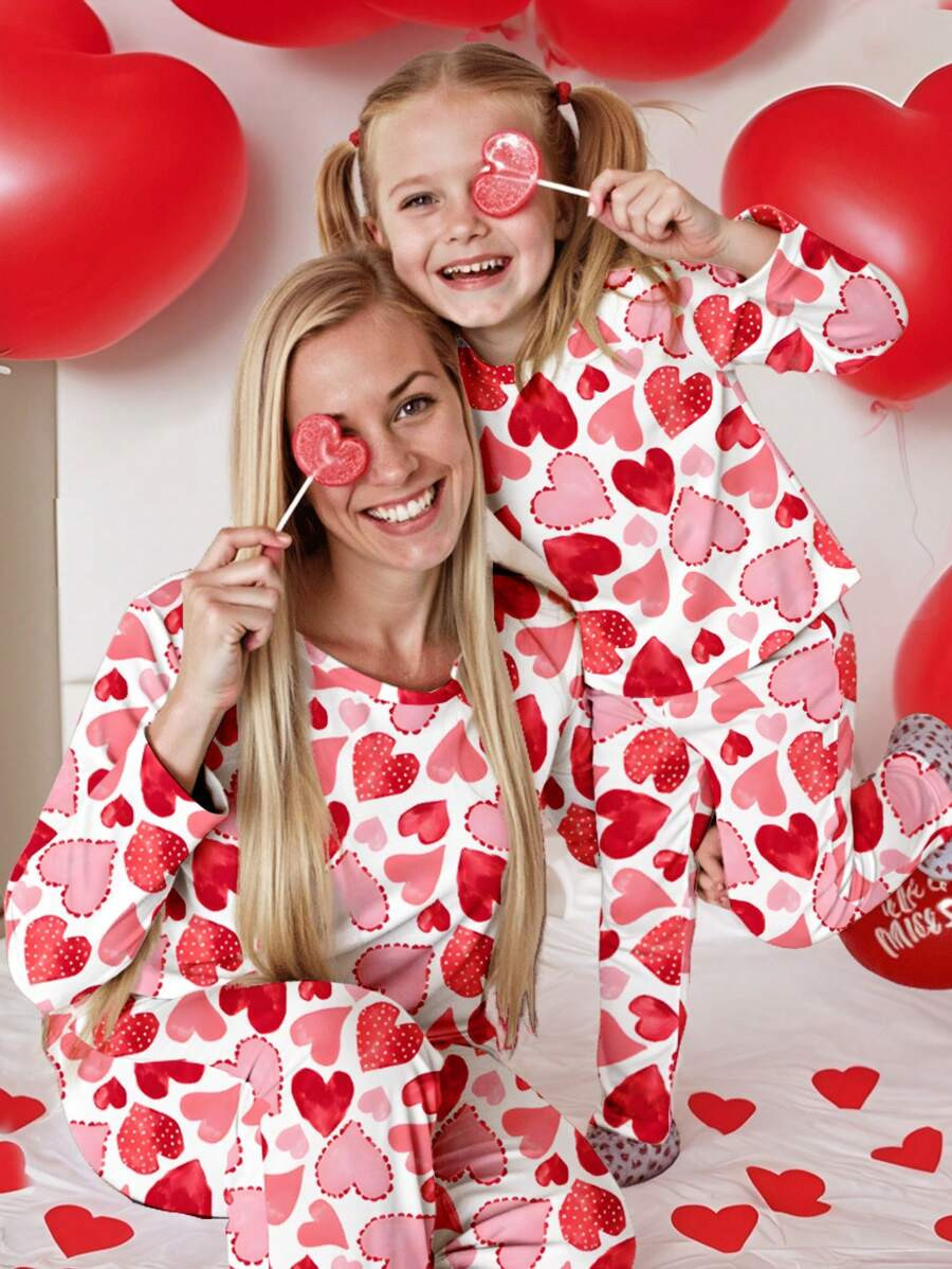 SHEIN LUNE 2pcs Women And Kids Casual Heart Printed Matching Outfit, Suitable For Valentine's Day... | SHEIN