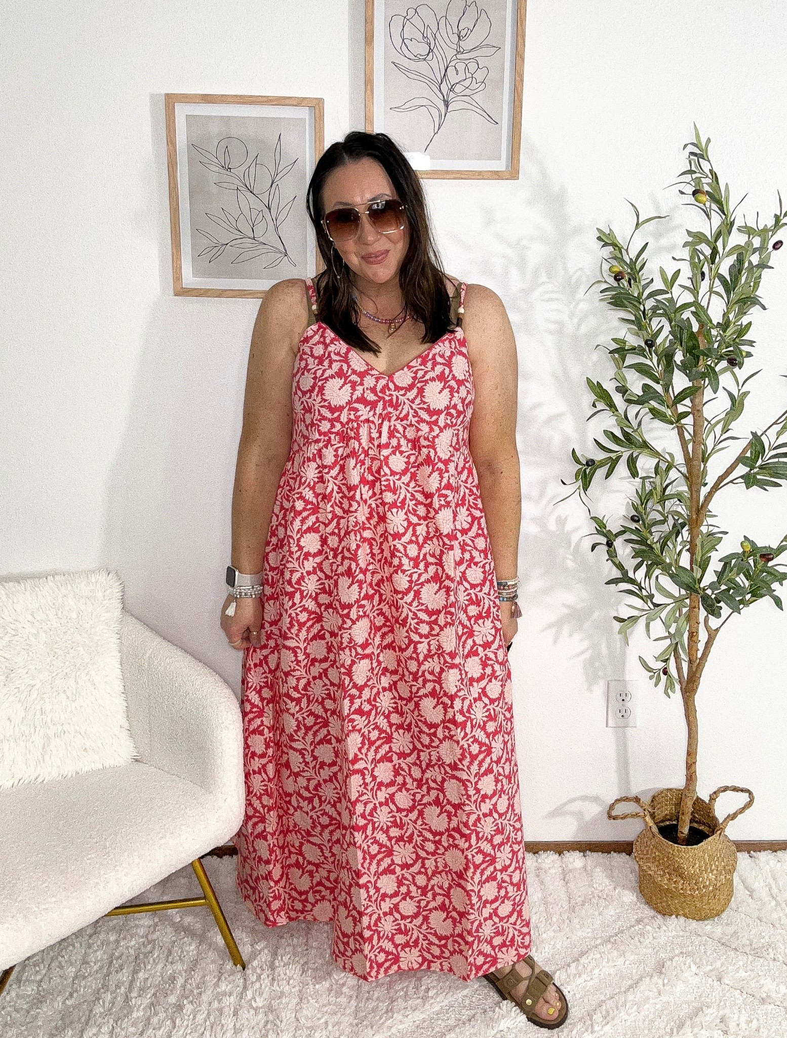 The prettiest dresses at Old Navy right now! Wearing a large regular. Love that this is a maxi length! Straps are adjustable. You can add a fitted tee or tank underneath for more coverage up top. On sale for $26.99 today! ‼️ 

#LTKMidsize #LTKSaleAlert #LTKOver40