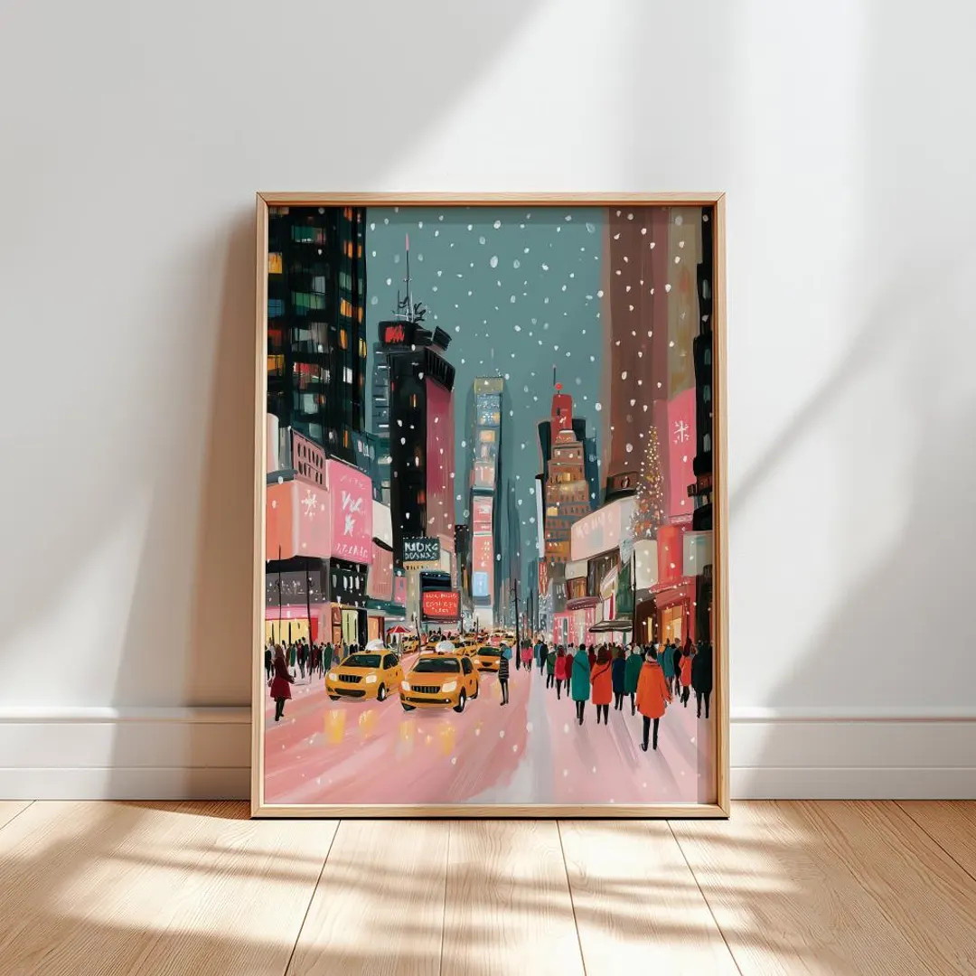 Snowy Times Square Print, Pastel NYC Christmas Decor (digital Download) - Etsy | Etsy (US)