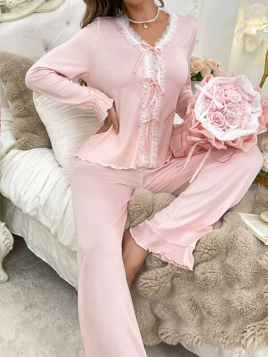 SweetSlumber Elegant Women Sleepwear Pajama Set With French Lace Trim And Contrasting Colors Cozy... | SHEIN