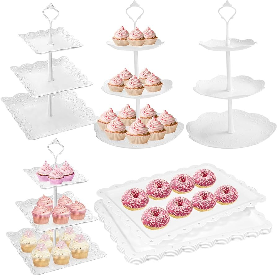 10 Pcs Cake Stand White Plastic Dessert Table Display Set 4 Pcs 3 Tired Cupcake Stand Cookie Tray... | Amazon (US)