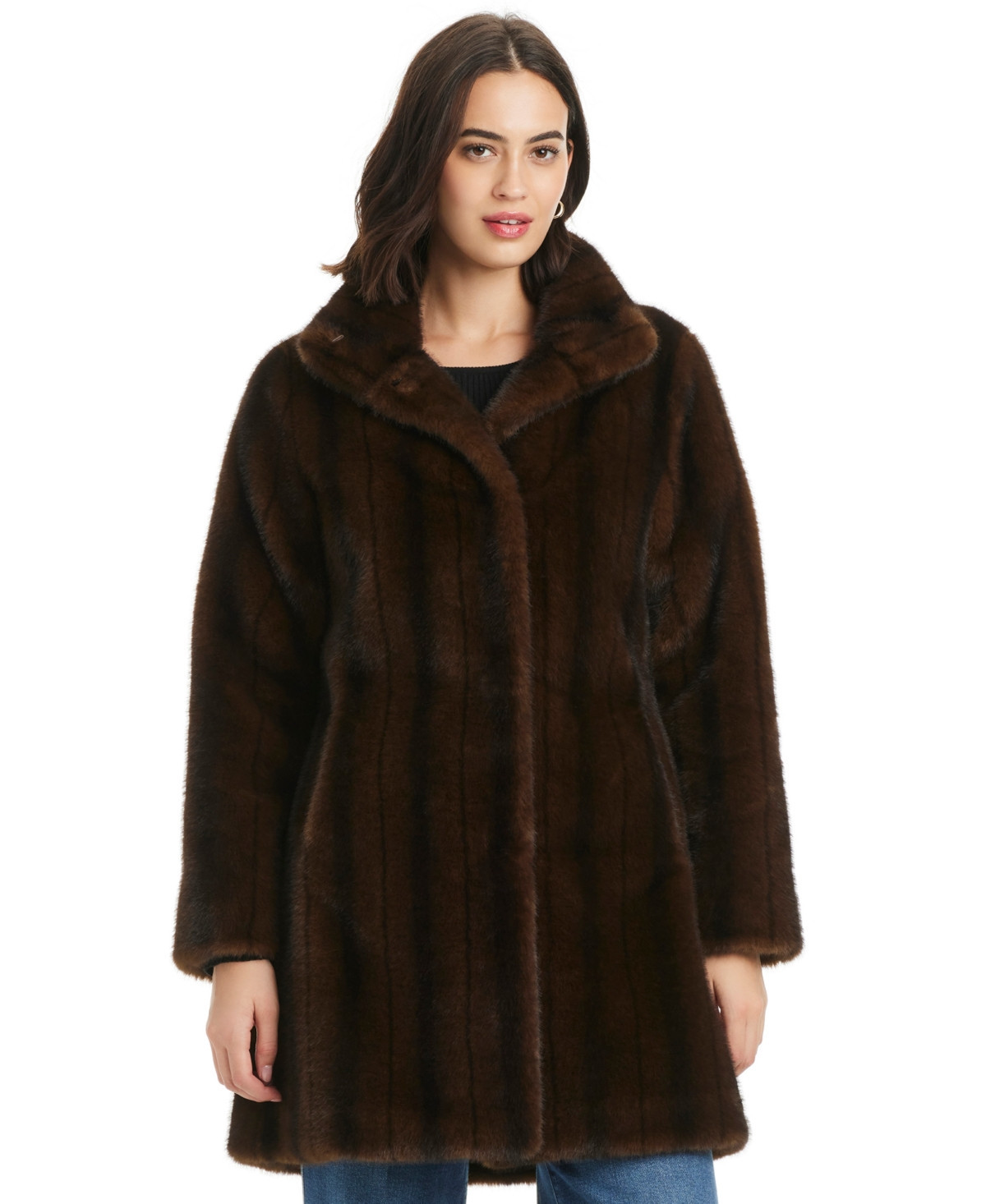 Jones New York Women's Collared Faux-Fur Coat - Brown Stripe Mink | Macy's