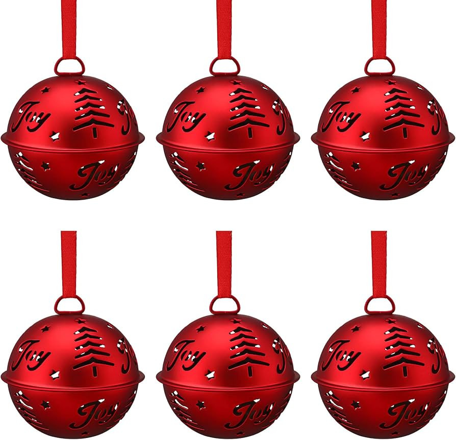 6 Pieces Jingle Bells for Crafts Christmas Joy Red Bell Metal Ornaments with Star Cutouts Sleigh ... | Amazon (US)