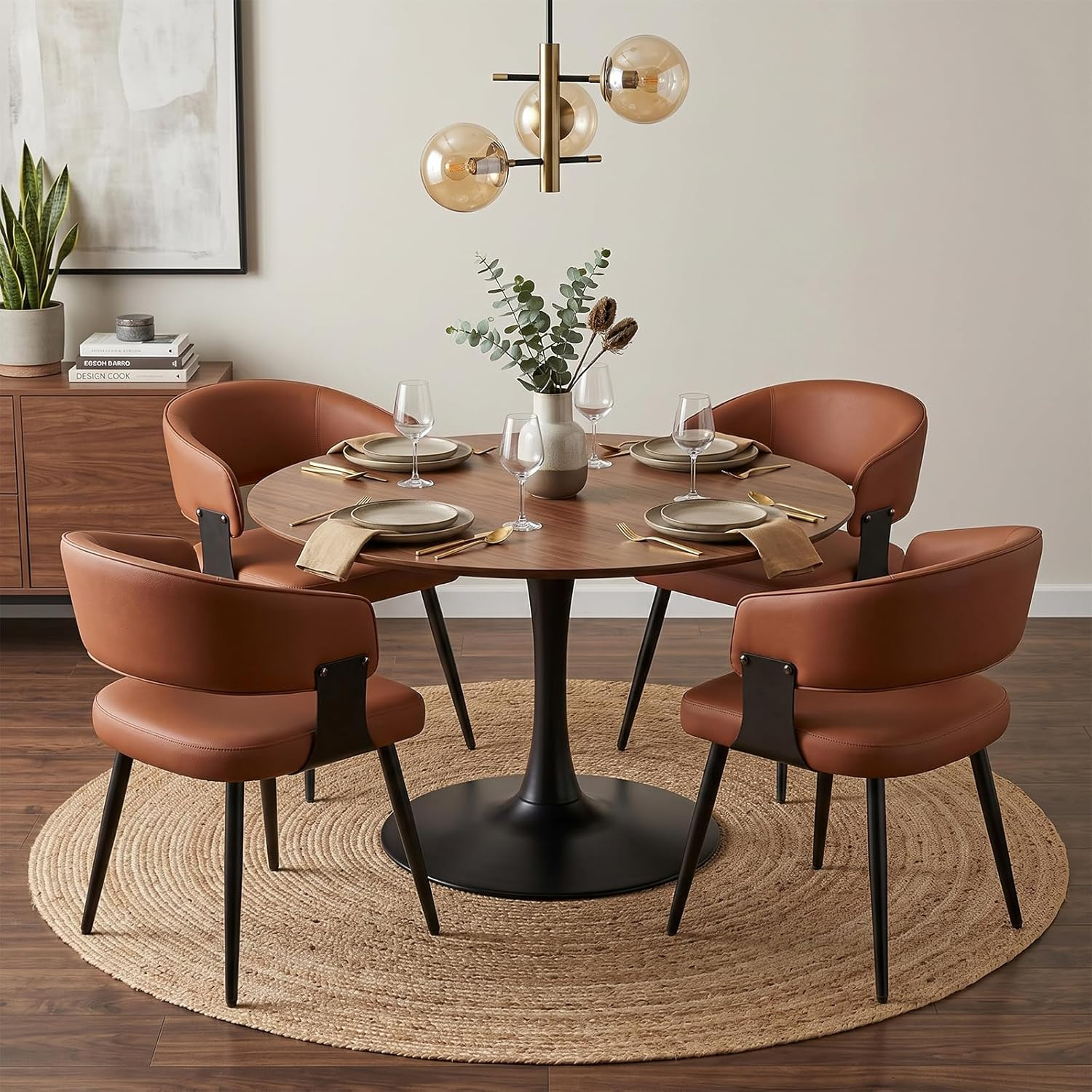 Dining Chairs Set of 4, Modern Upholstered Faux Leather Kitchen Chairs with Curved Back, Easy to Assemble & Clean for Dining Room, Restaurant, Cafe, Brown | Amazon (US)