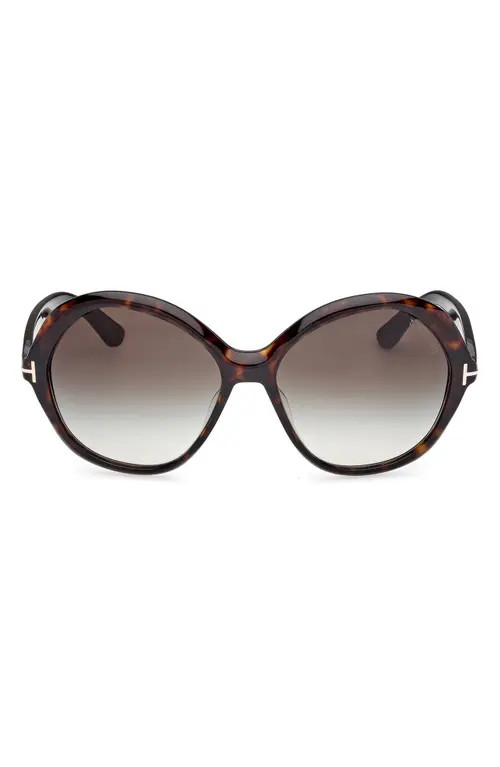 TOM FORD Annabelle 60mm Gradient Round Sunglasses in Shiny Havana Eco /Grad Smoke at Nordstrom | Nordstrom