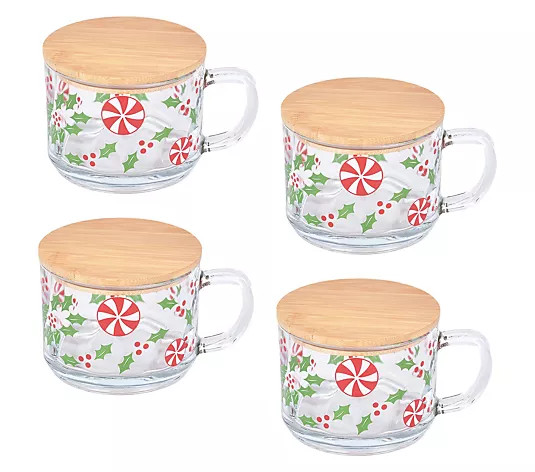 Temp-tations Seasonal Set of (4) 16-oz Glass Mugs with Lids - QVC.com | QVC