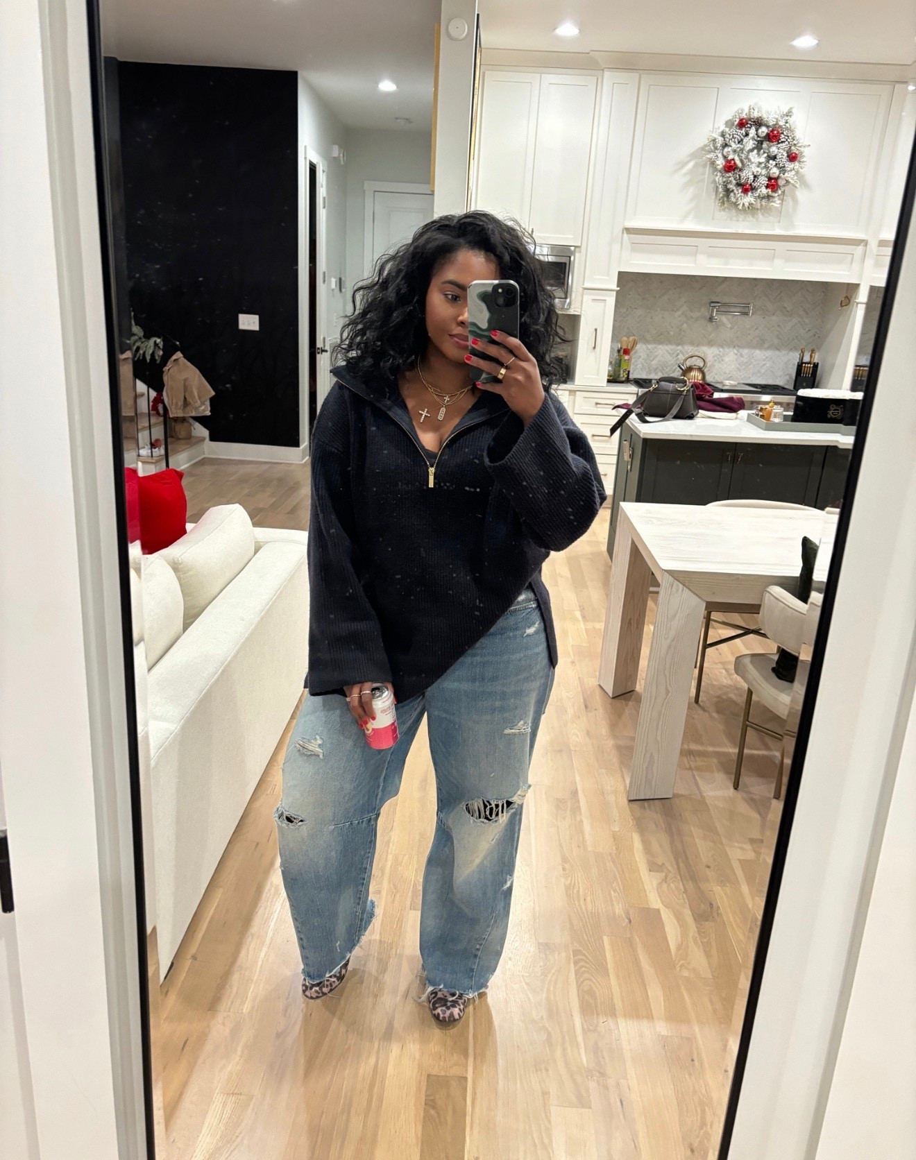 Casual OOTD (excuse the mirror! Had no clue it was this dusty). Jeans are Zara (5520/246) but link some other similar options. I wanted and oversized fit so I got a Large in the sweater and 12 in the jeans. I can’t recommend these flats enough 20/10 for style and comfort 

#LTKShoeCrush #LTKMidsize