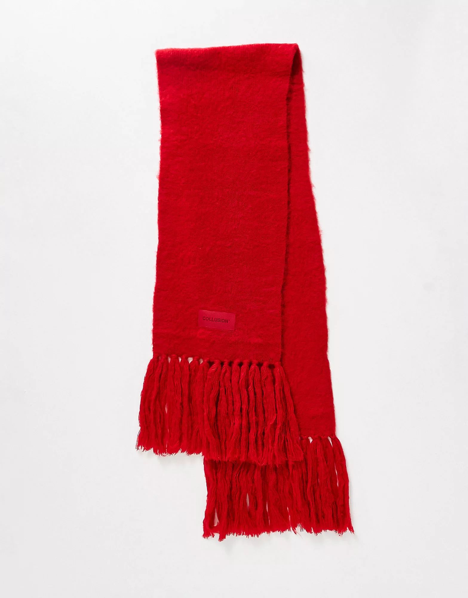 COLLUSION Unisex fluffy knit logo scarf in red | ASOS (Global)