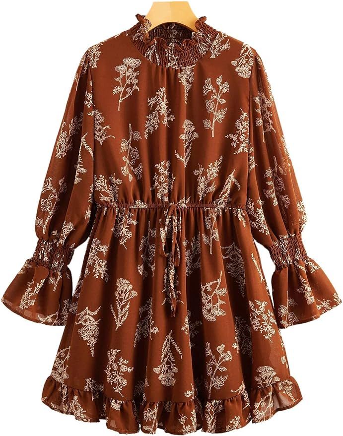 Floerns Women's Mock Neck Long Sleeve Floral Print Ruffle Short Dress | Amazon (US)