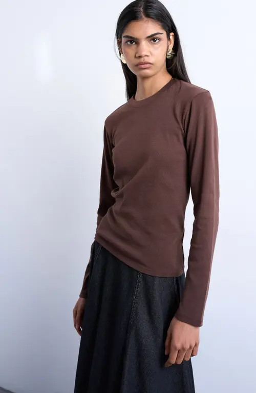 Topshop Everyday Long Sleeve Cotton T-Shirt in Brown at Nordstrom, Size Large | Nordstrom