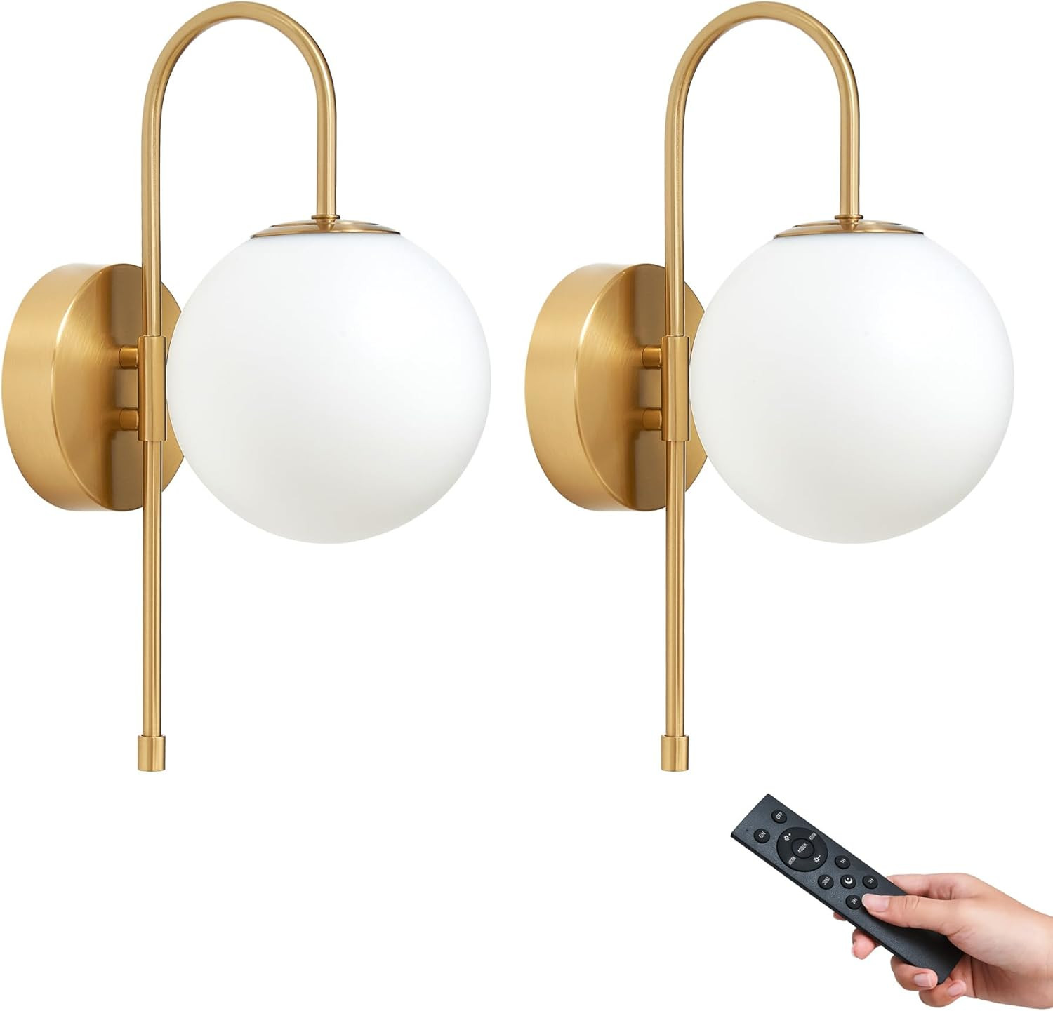 Battery Operated Globe Wall Sconces Set of 2, Wireless Gold Wall Lights with Remote Control, Rech... | Amazon (US)
