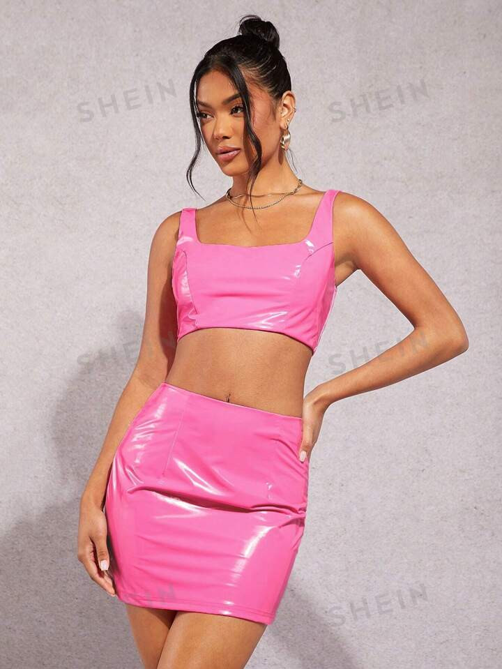 SHEIN BAE Solid PU Leather Tank Top & Bodycon Skirt | SHEIN USA | SHEIN
