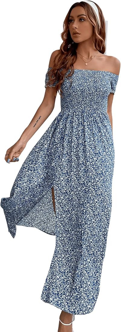 Floerns Women's Boho Floral Print Off Shoulder Split Long A Line Dress | Amazon (US)