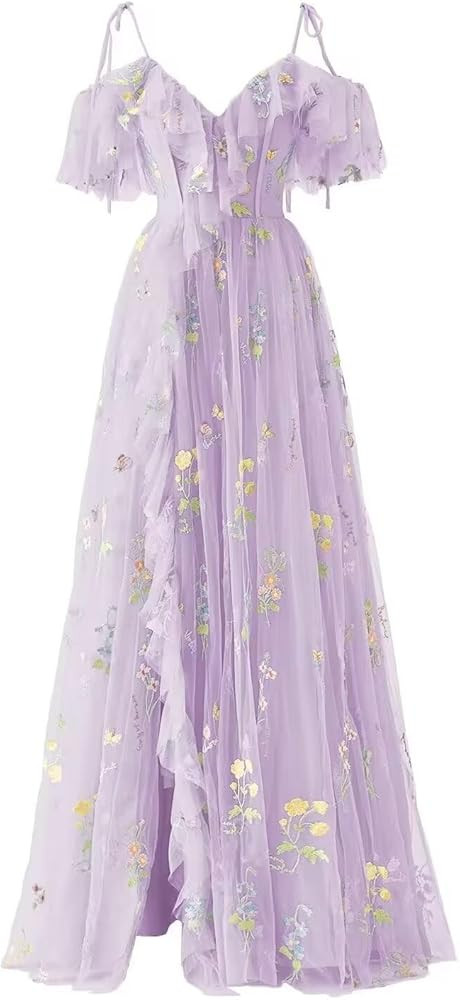 Women's Flower Embroidery Tulle Prom Dresses Corset A Line Long Slit Ruffles Formal Party Gowns | Amazon (US)