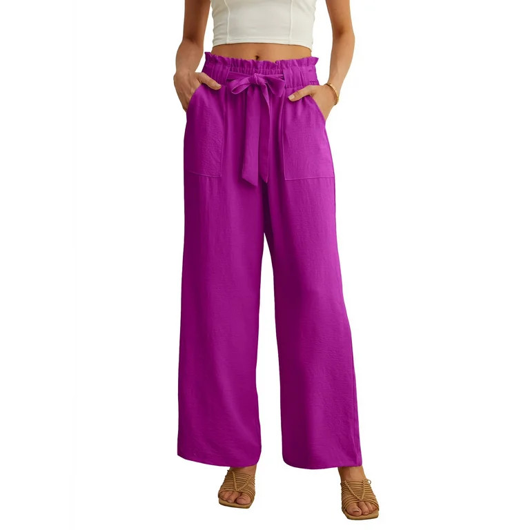 JWD Women's Wide Leg Pants with Pockets High Waist Adjustable Knot Loose Casual Trousers Business... | Walmart (US)