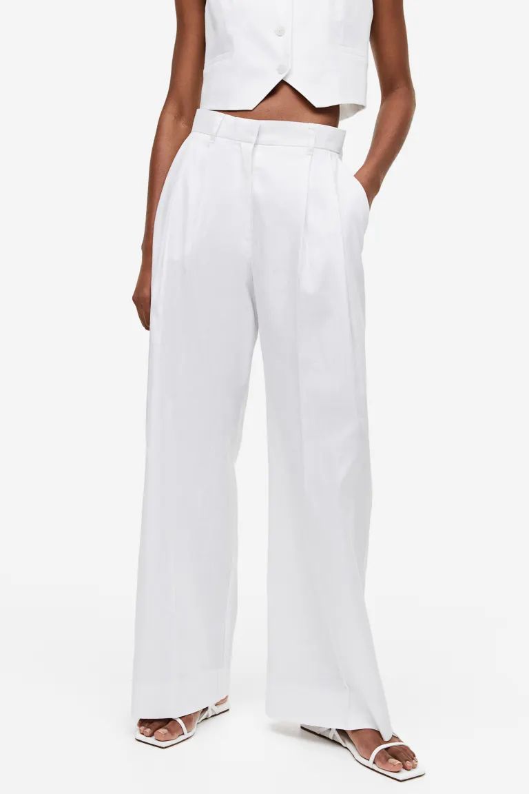 Linen-blend twill trousers - High waist - Extra-long legs - White - Ladies | H&M GB | H&M (UK, MY, IN, SG, PH, TW, HK)
