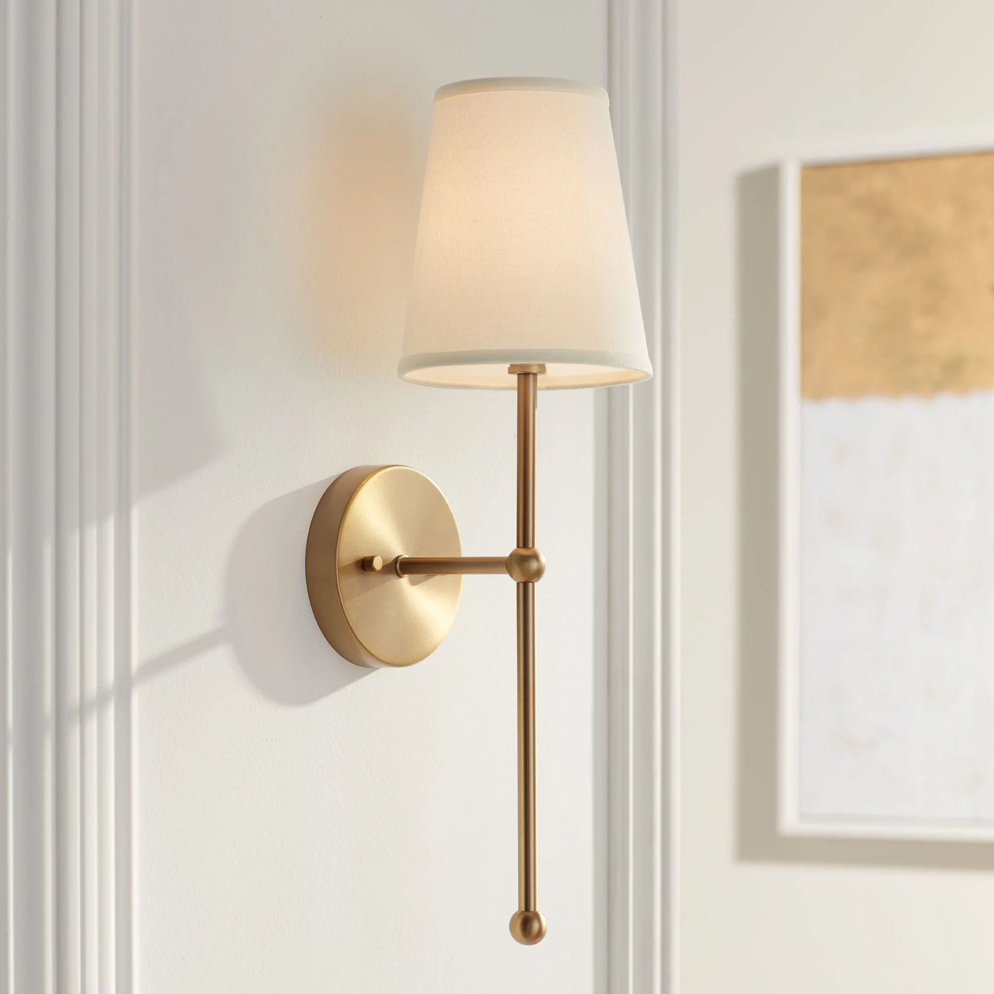 Possini Euro Design Modern Wall Lamp Warm Brass Hardwired 21" High Fixture Cream Linen Shade Bedr... | Walmart (US)