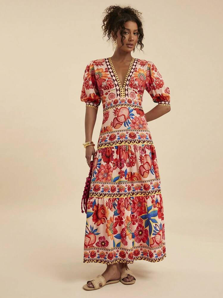 Travachic Floral Print Women Holiday Short Puff Sleeve Dress,Summer Outfits For Women,Beachwear,Easter,Beach Outfits For Woman,Spring Break,Vacation Outfits Women,Concert Outfit Women,BOHO,Bohemia,Music Festival,Tropical Vacation Woman Clothes, Vacation New Arrivals Women Dress | SHEIN