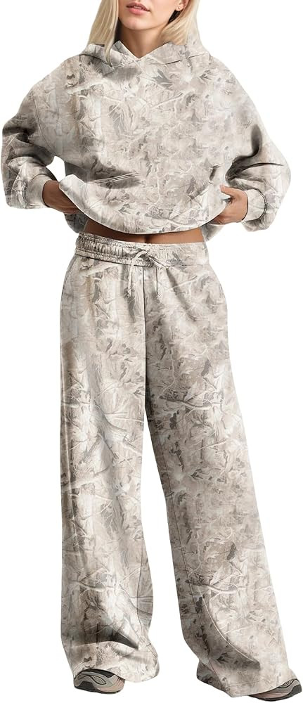 Women 2 Piece Lounge Outfits Camo Hoodies Sweatpants Sets Maple Leaf Print Hooded Sweatshirt Swea... | Amazon (US)