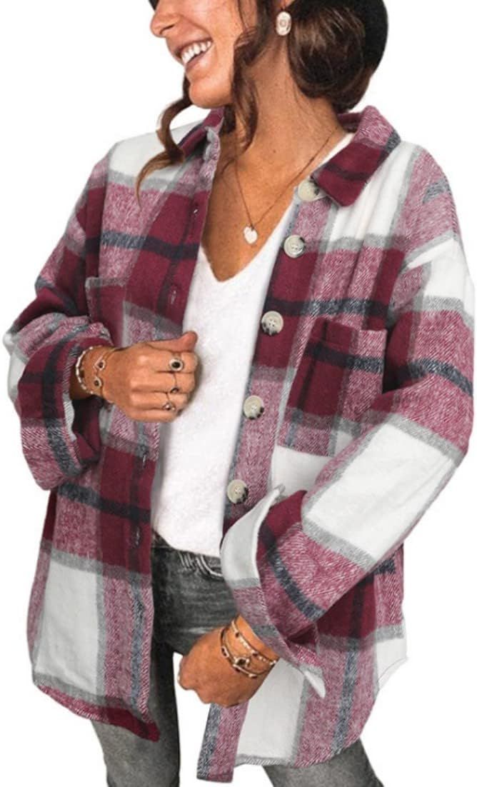 StunShow Women's Flannel Plaid Long-Sleeved Shirt Autumn and Winter Style Ordinary T-Shirt Button... | Amazon (US)