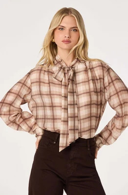 ASTR the Label | Mabry Plaid Tie-Neck Blouse in Brown plaid |  Size L | ASTR The Label (US)