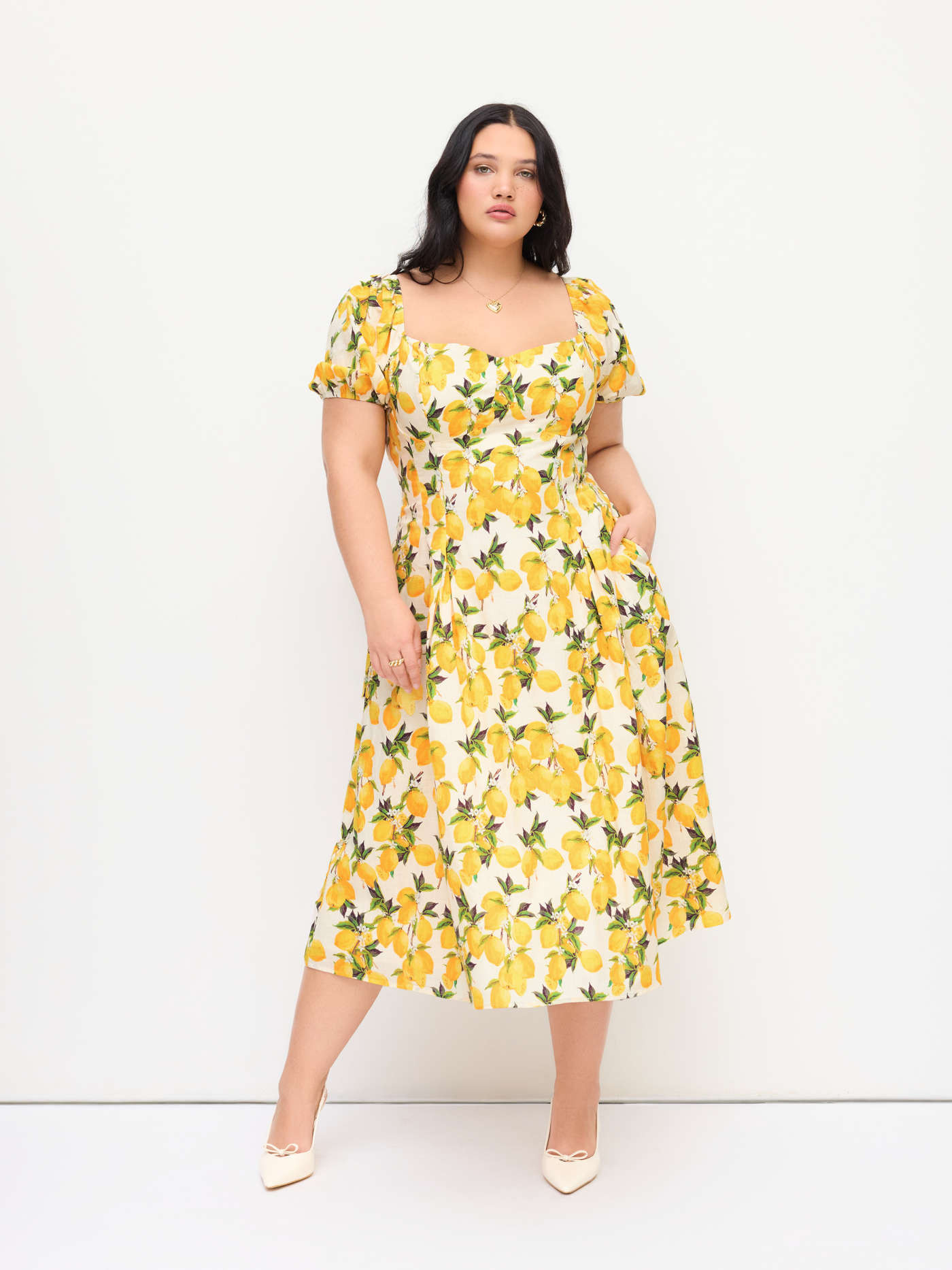 Woven Cotton Square Neck Lemon Shirred Pleated Puff Sleeve Midi Dress  For Daily Casual | Cider